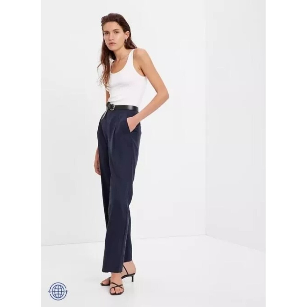 New Gap Softsuit Trousers 10 Tall High Rise Wide Leg Pants Navy Office Tencel